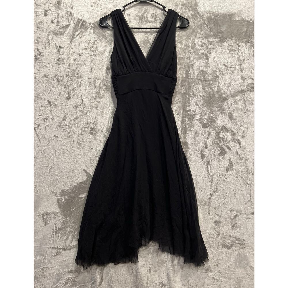Black Chiffon Dress Deep V-neck Pleated Waist Flowing Skirt No Size Tag US Made